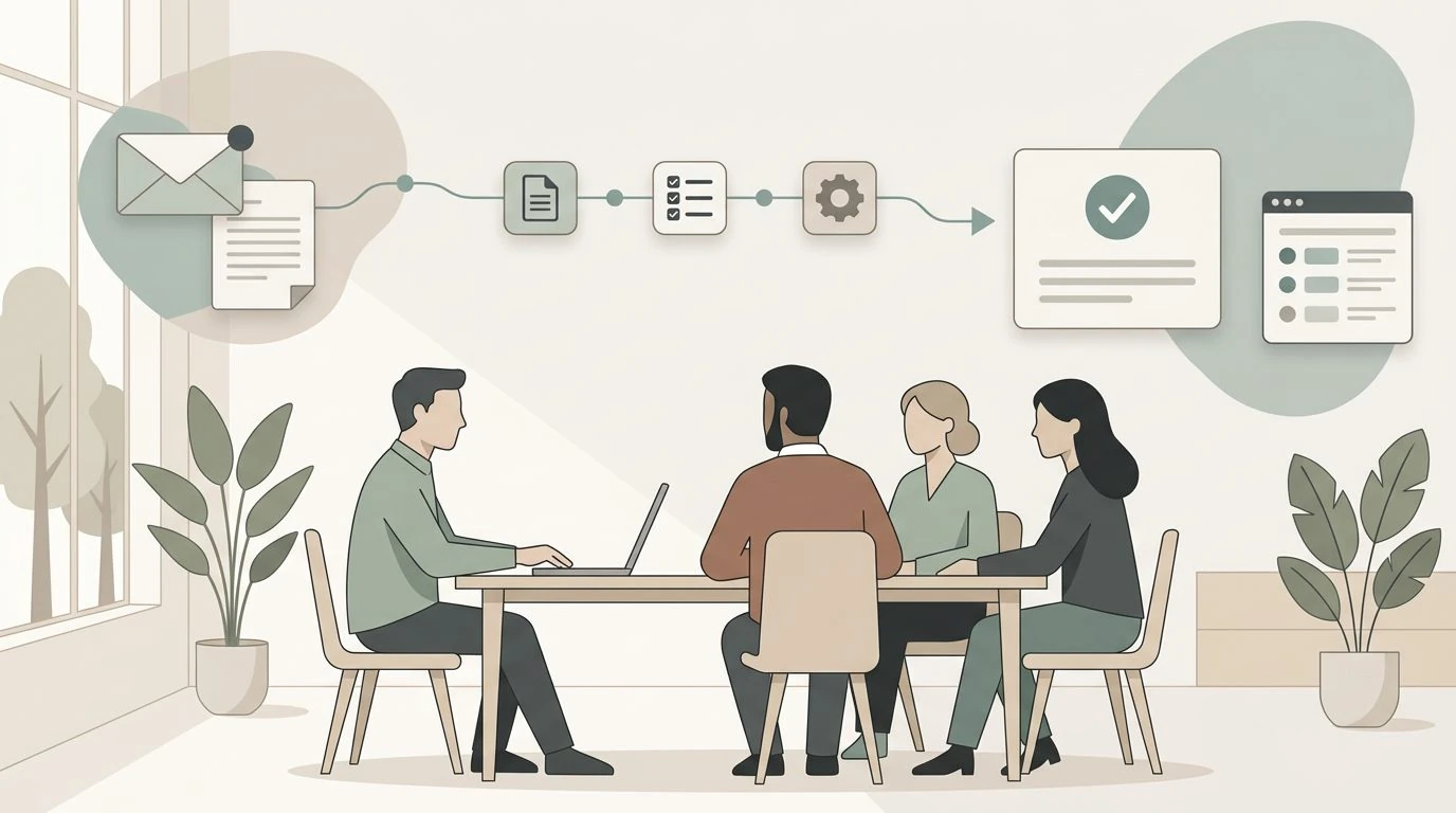 Ett team arbetar tillsammans medan mejl, dokument och systemdata blir till beslut och uppdaterade arbetsflöden.